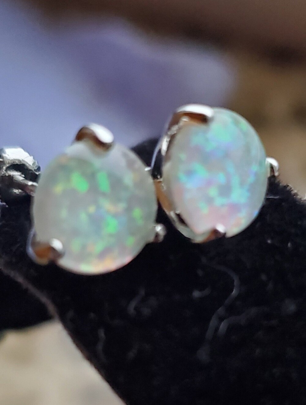 Silver Plated Simulated Opal 8 mm Stud Earrings - Iridescent White